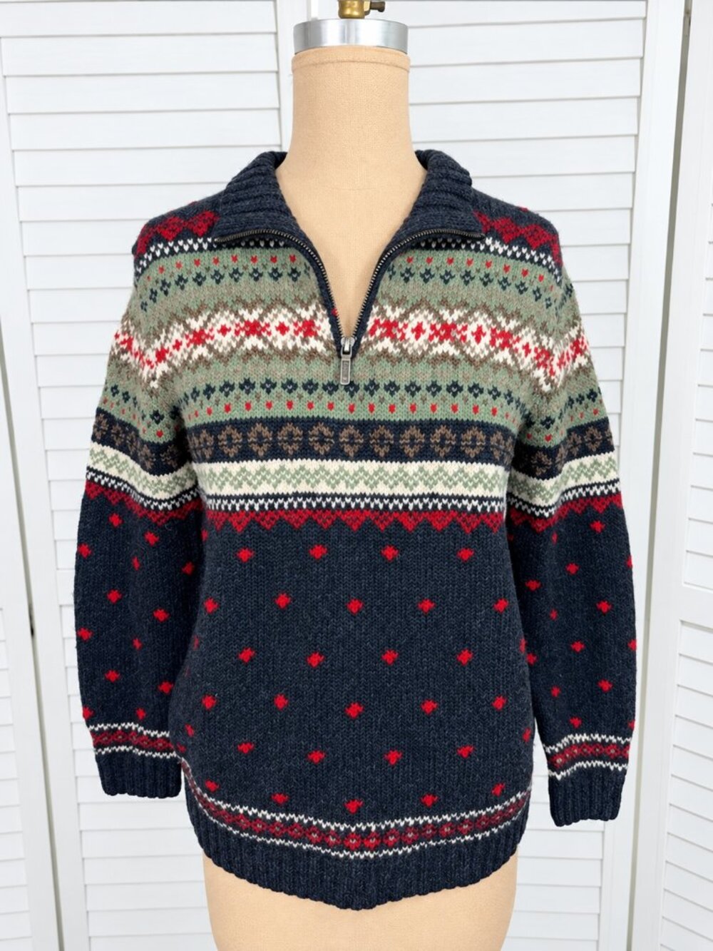 Vintage Lauren Ralph Lauren Petite Hand Knit Fair Isle Quarter Zip Sweater SP - Picture 2 of 12